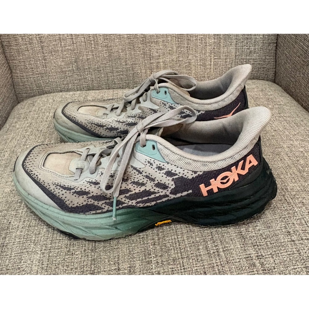 Hoka Speedgoat 5 Womens Trail Running Shoes Gray Black Pink Vibram Sneakers 9B